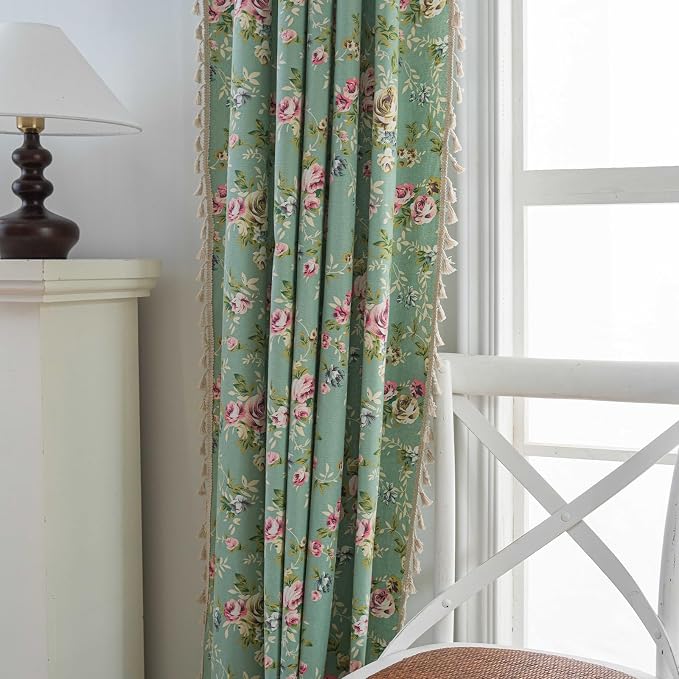 OYX Floral 84 Inch Curtains for Living Room Green Drapes Bedroom Semi Sheer Rod Pocket Floor Length Window Curtains 2 Panel Sets Boho Farmhouse Vintage Light Filtering Window Treatments