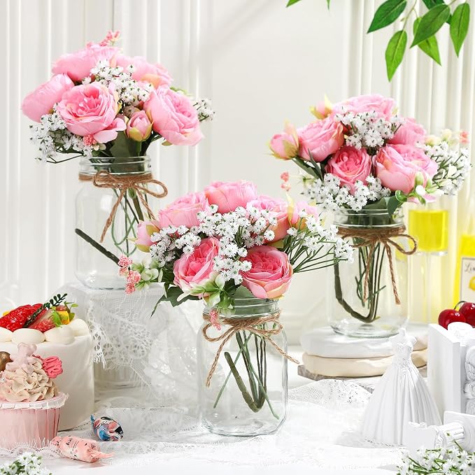 Zeyune 6 Sets Mason Jar Centerpiece Table Decorations, Artificial Peony Baby's Breath Flower Bouquets, Faux Flowers with Vase, Rustic Decor Gifts for Home, Wedding, Holiday (Coral Pink)