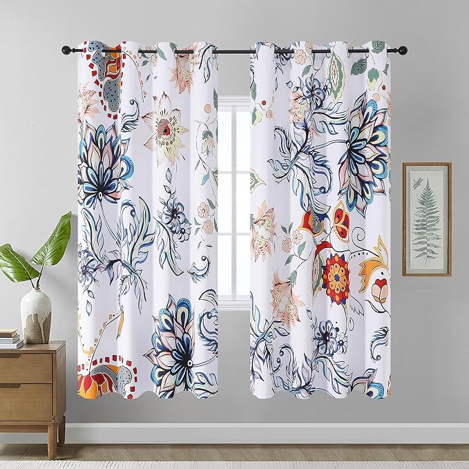 Estelar Textiler Blackout Boho Curtains for Living Room,Blue Floral Print 72 Inches Long,Energy Efficient Room Darkening Window Curtain Panels for Bedroom,Grommet Top 2 Panels,52x72 inches