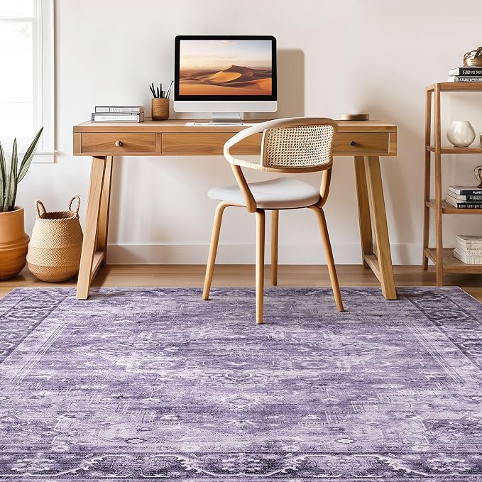 7x9 Area Rug Living Room: Washable Boho Large Neutral Vintage Soft Rug Stain Resistant Farmhouse Non-Slip Indoor Floor Carpet for Bedroom Nursery Kids Playroom Office Dining Room- Purple