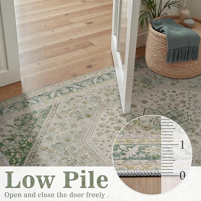 DCX Green 5x7 Area Rug, Machine Washable Non Slip Stain Resistant Vintage Rug for Living Room, Bedroom, Playroom, Soft Low Pile Large Nursery Carpet