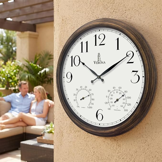 Outdoor Clocks for Patio Large Waterproof with Thermometer - 18 inch Indoor Outdoor Wall Clock with Temperature and Humidity Combo - Weatherproof, Accurate & Easy to Read for Pool, Garden & Home Decor