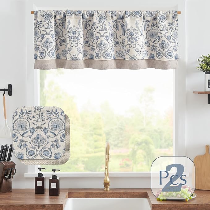 jinchan Linen Valance Kitchen Curtain Pack of 2 Double Layer 18 Inch for Living Room Bedroom Window Treatment Light Filtering Vintage Farmhouse Cottagecore Rod Pocket 2 Panels Blue on Beige