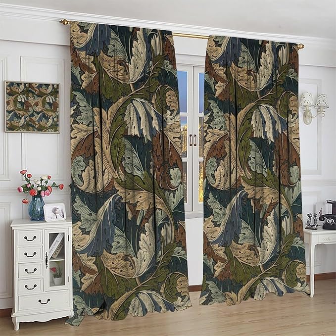 Boho William Morris Art Plant Curtains, Rustic Retro Nature Botanical Print Blackout Window Treatments Drapes, for Living Room Bedroom Kitchen 21(W)*54(L) 2 Panels