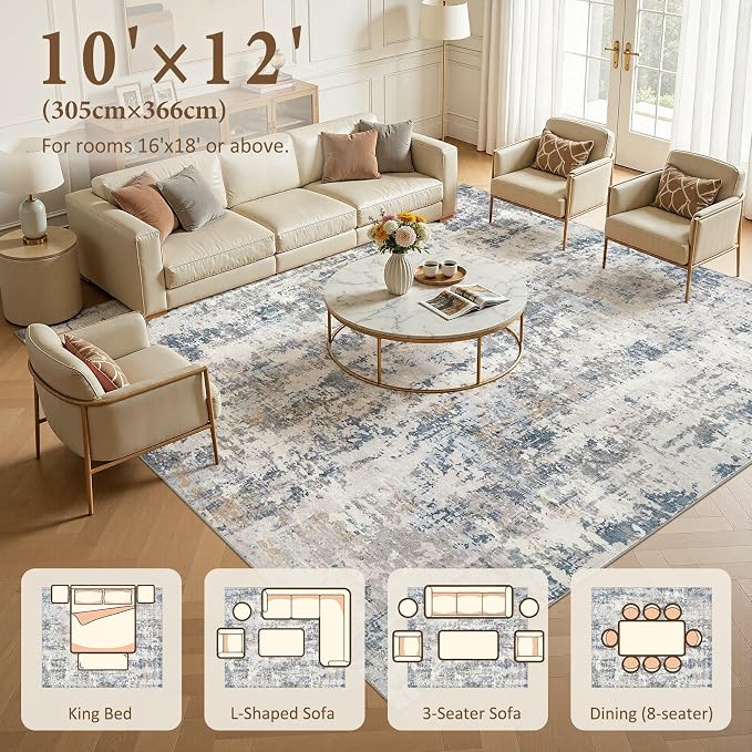 10x12 Area Rug Living Room Rugs: Washable Large Soft Abstract Modern Neutral Rug Stain Resistant & Non-Slip Low-Pile Carpet for Bedroom Dining Nursery Home Office Room Decor - Grey Blue