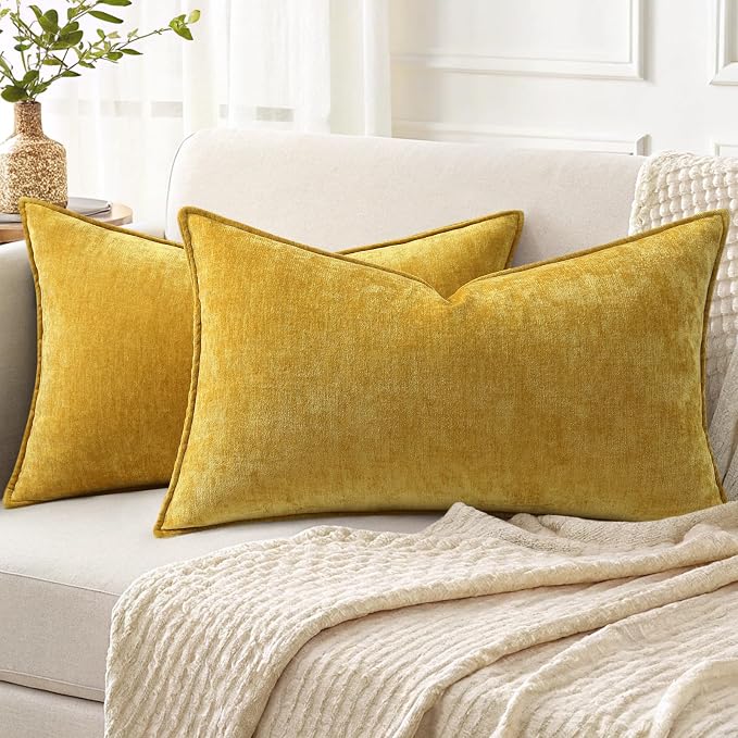 decorUhome Fall Couch Throw Pillow Covers 12x20 Set of 2, Decorative Soft Velvet Modern Cozy Chenille Lumbar Pillow Cases with Elegant Design for Sofa Bed Living Room Home Decor, Mineral Yellow