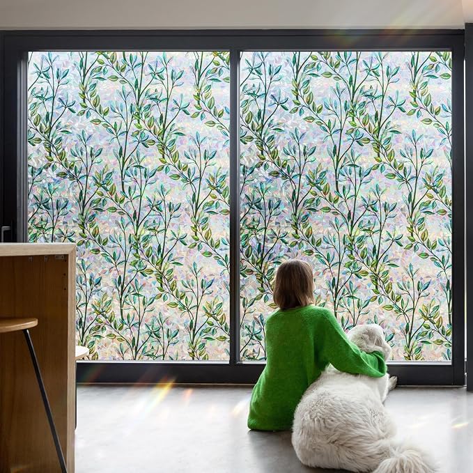 LEMON CLOUD Window Privacy Film Static Clings Decorative Leaf Rainbow Window Sticker Non-Adhesive Decals for Glass with Tools,35.4 x 157.4 Inch