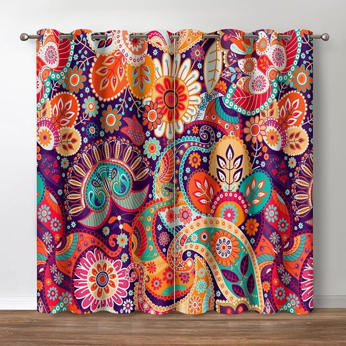 Jekeno Boho Colorful Floral Blackout Curtains Bohemian Multicolor Mandala Flowered Grommet Privacy Drapes Decor Apartment Bedroom Living Room Darkening Window Treatments 2 Panels Set,52x63 Inch