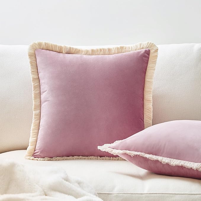 MONDAY MOOSE Decorative Throw Pillow Covers Cushion Cases, Set of 2 Soft Velvet Modern Fringe Tassel Designs, Mix and Match for Home Decor, Pillow Inserts Not Included (20x20 inch, Dusty Pink)