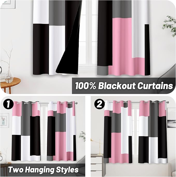 Tyrot Pink 100% Blackout Curtains for Bedroom 45 inch Length 2 Panels Set Grey Modern Abstract Geometric Black Out Curtains Insulated Room Darkening Window Drapes for Living Room, 52Wx45L