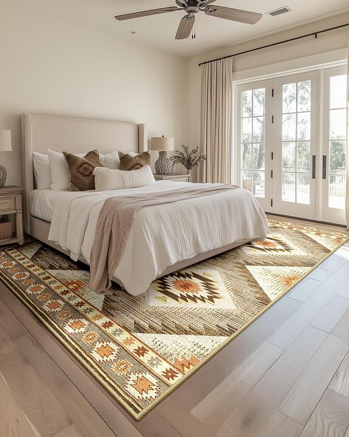 BESTSWEETIE Area Rug 7x9Rug Machine Washable Non-Slip Low Pile Print Pattern Western Rug for Living Room Bedroom Entryway Tribal Series-Cream/Camel