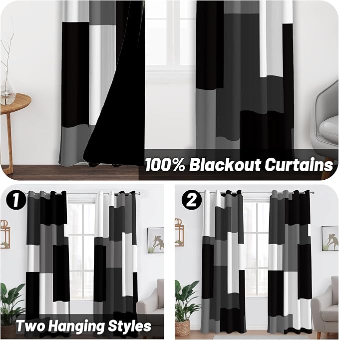 Tyrot Black Grey 100% Blackout Curtains for Bedroom 108 inch Extra Long 2 Panels Set White Grey Modern Abstract Geometric Black Out Curtains Room Darkening Window Drapes for Living Room, 52Wx108L