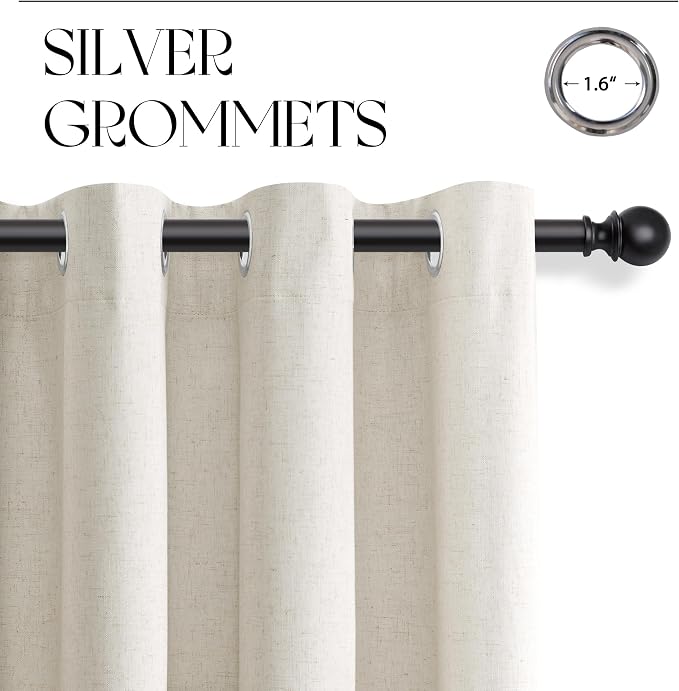 Jowels Cream Linen Blackout Curtains 85 Length 2 Panels Set for Living Room Bedroom, 100% Black Out Thermal Insulated Linen Drapes, Room Darkening Grommet Curtains 85 Inches Long Natural Beige
