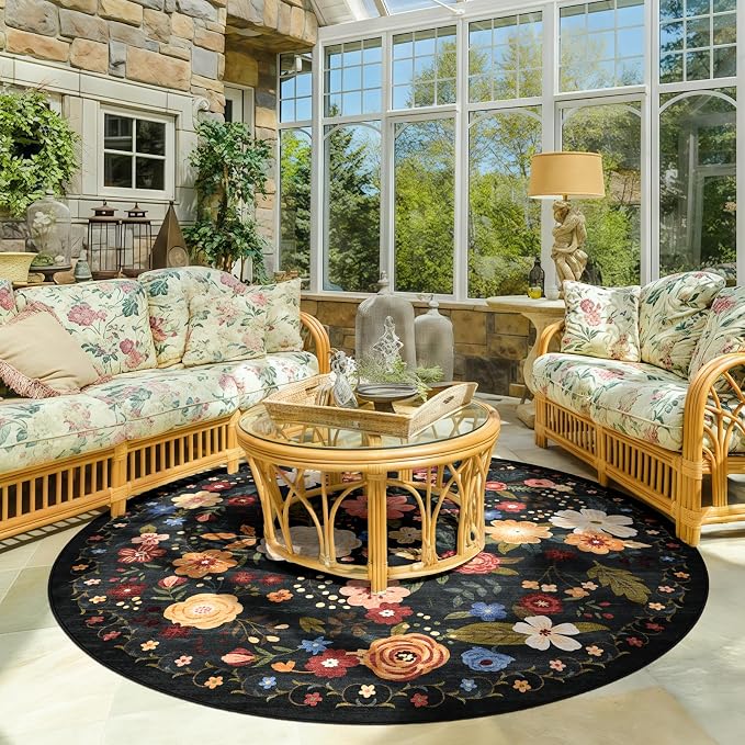 6ft Round Machine Washable Area Rug for Living Room, Black Green Vintage Boho Floral Rug Non-Slip Low Pile Soft Faux Wool Carpet Kids and Pets Friendly for Bedroom Nursery Farmhouse Home Decor Rug