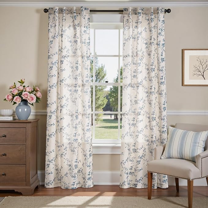 jinchan Blue Floral Linen Curtains 84 Inch Country Drapes Back Tab 2 Panels | Blue on beige, light filtering, semi sheer, farmhouse, rustic, privacy, bedroom, living room, laundry, window treatment