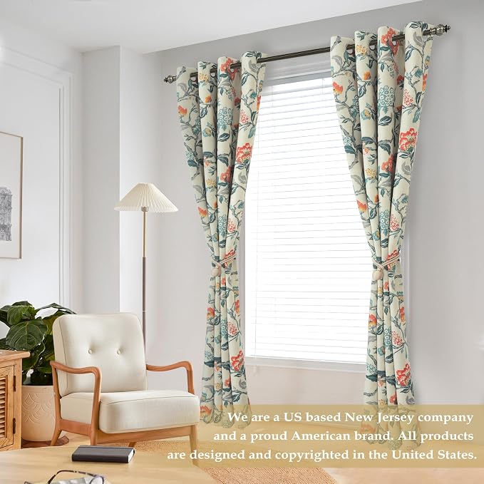 DriftAway Ada Floral Botanical Print Flower Leaf Lined Thermal Insulated Room Darkening Blackout Window Curtains 2 Layers Set of 2 Panels Each 52 Inch by 84 Inch Linen Orange Teal