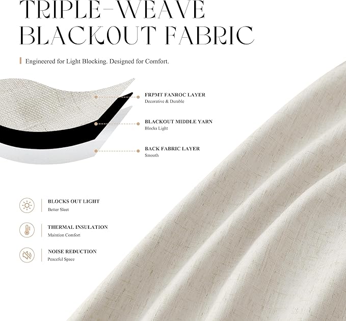 Jowels Cream Linen Blackout Curtains 40 Length 2 Panels Set for Living Room Bedroom, 100% Black Out Thermal Insulated Linen Drapes, Room Darkening Grommet Curtains 40 Inches Long Natural Beige
