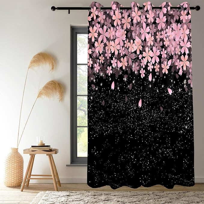Renaiss Pink Cherry Patels Blackout Curtains, Japanese Cherry Flowers Thermal Insulated Bedroom Window Curtains, Black Floral Bossom Window Drapes for Living Room, 84" L x 42" W 2 Panel Set