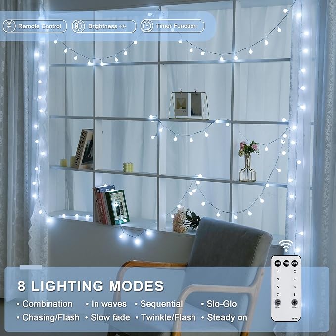 JMEXSUSS Connectable 100 LED Globe White String Lights Indoor for Bedroom | String Lights Plug in with Remote, 33 ft 8 Modes Christmas Fairy Lights Outdoor for Room Mirror Party Holiday Decor