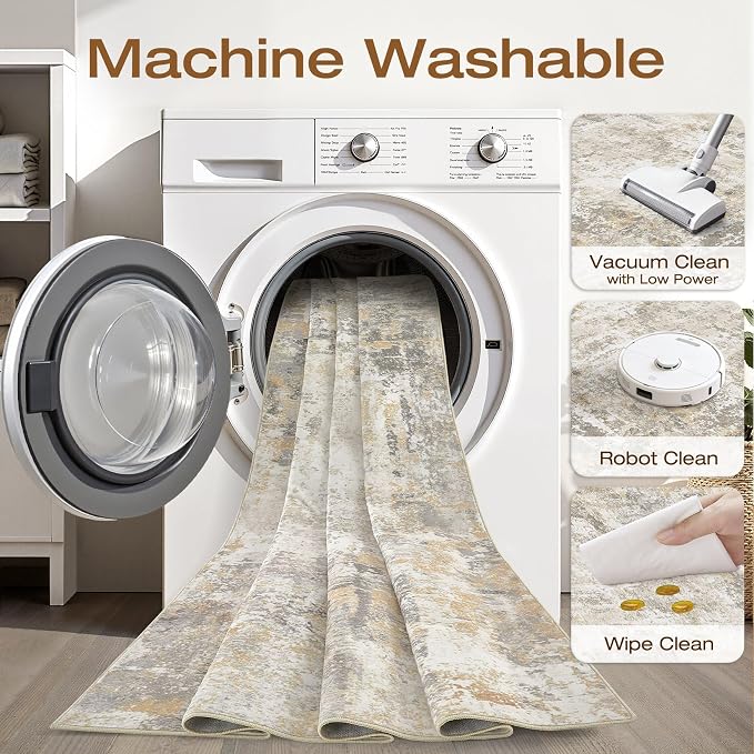 6x9 Area Rugs Living Room: Washable Large Neutral Gray Gold Rug Abstract Soft Modern Stain Resistant Indoor Floor Non-Slip Carpet for Bedroom Nursery Kids Office Playroom Dining Room Under Table Home