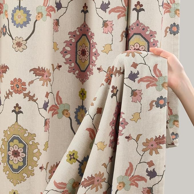Boho Floral Blackout Curtains for Living Room, Beige Linen Textured Drapes with Colorful Bohemian Print 63 Inches Long 2 Panels Set Vintage Farmhouse Rustic Window Curtains Grommet Top