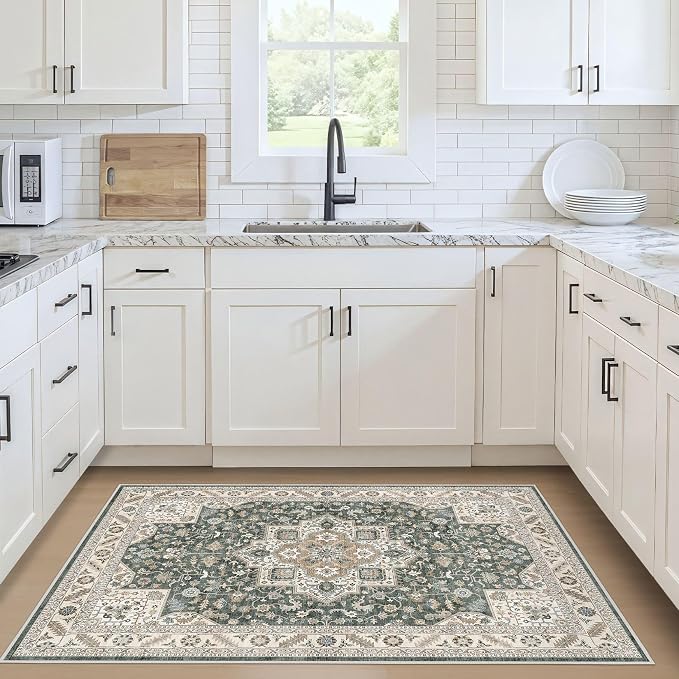 cotiled Vintage Living Room Area Rug 3x5 - Large Soft Washable Oriental Traditional Distressed Farmhouse Rugs for Bedroom - Indoor Floor Accent Carpet for Home Office House Decor - Vintage Green
