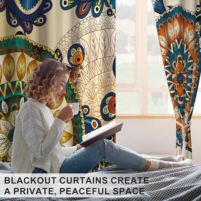 Boho Blackout Curtains for Bedroom and Living Room, Spring Thermal Insulated Darkening Drapes, Mandala Pattern Grommet Soundproof Black Out Curtains 84 Inches Long 2 Panels Set with Curtain Tiebacks