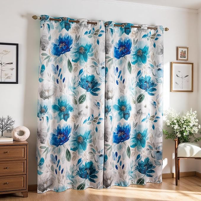 Floral 100% Blackout Curtains 84 Inches Long 2 Panels for Bedroom Vintage Blue Watercolour Patterned Room Darkening Curtain Thermal Insulated Black Out Window Drapes for Living Room, 52x84 inch