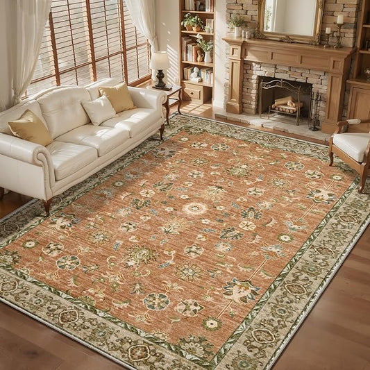 Tangsoo 5x7 Terracotta Area Rug for Living Room Non Slip, Washable Vintage Floral Rug for Bedroom Laundry Office, Low Pile Stain Resistance Retro Indoor Boho Carpet Mats for Farmhouse Dinning Room Mat