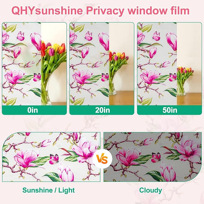 Window Privacy Film Stain Glass Window Film Rainbow Window Film Window clings Non-Adhesive Reusable Decorative for Room (Frosted Magnolia, 35.4 X 78.7 in)