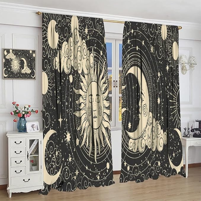 Bohemian Sun Moon Blackout Windows Curtains, Golden Sun Crescent Moon and Stars Vintage Cosmic Galaxy Printed Curtains, for Living Room Bedroom 63x72in 2 Panels