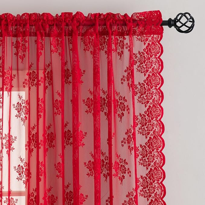 Kotile Red Sheer Curtains 84 Inches Long, W52 x L84 Inch, 2 Panels, Country Rustic Floral Vintage Red Lace Curtains for Living Room, Rod Pocket Privacy Light Filtering Cottagecore Window Sheer Curtain
