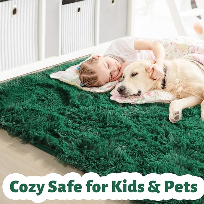 Amdrebio Dark Green Area Rugs for Bedroom Aesthetic, Fluffy Rug for Living Room, Soft Bedside Rugs 4x6 for Kids Room, Teen, Women, Shaggy Throw Carpet for Dorm Classroom Office Nursery, Emerald Green
