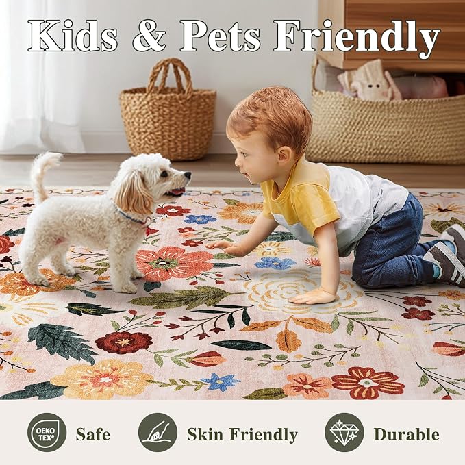 2x3 Washable Area Rug for Entryway Vintage Boho Floral Rug Non-Slip Low Pile Soft Faux Wool Small Carpet Kids and Pets Friendly for Bathroom Bedroom Kitchen Hallway Bedside Home Decor Rug Beige Pink