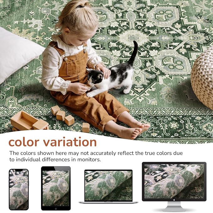 OPPODREAM Soft Area Rug 6x9, 6x9 Area Rug, Washable Rug 6x9 with Non Slip Backing, Faux Cashmere Low-Pile 6 x 9 Carpet, Dark Green