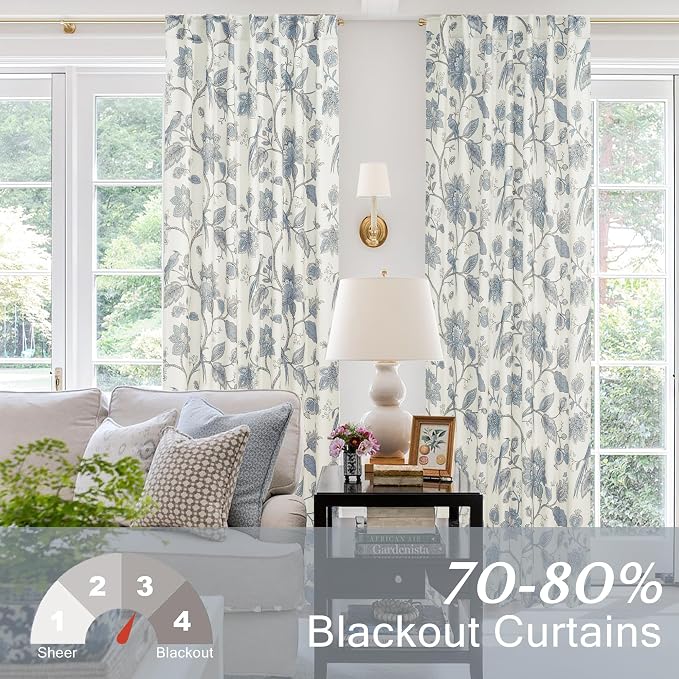 Light Blue and White Curtains,Dusty Sky Blue Grey Floral Toile French Country 70% Blackout Grandmillennial Grand Millenial Beachy Coastal Curtains for Bedroom Living Room 84 Inch Length 2 Panels Set