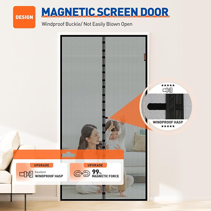 MAGZO Magnetic Screen Door Fit Door Size 50 x 80 Inch, Screen Size 52" x 81" Strong Magnet Door Mesh with Reinforced Hook & Loop for Patio Door, Front Door, Doorway, Black