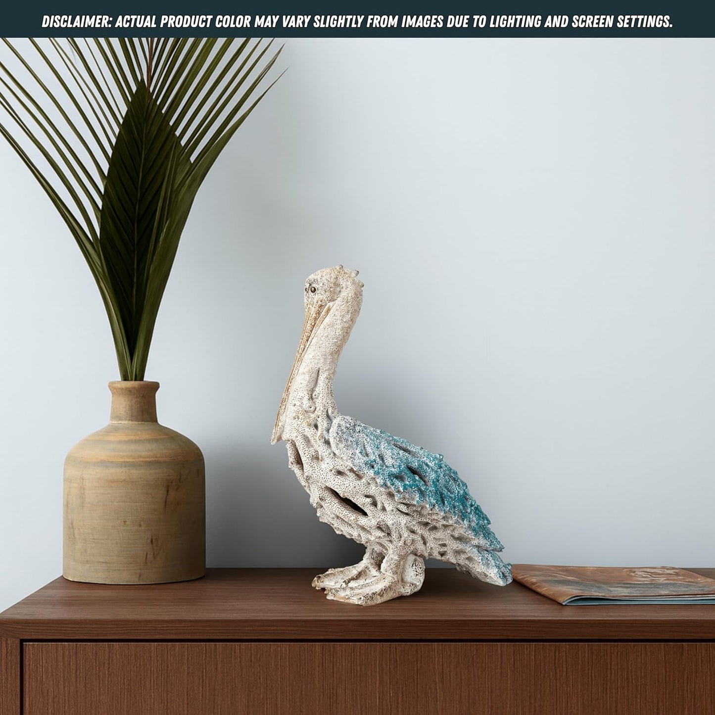 Blue Pelican Standing Figurine 13.75” Coastal Coral Reef Home Decor Nautical Beach Statue for Tabletop Shelf or Mantel Ocean Inspired Room Accents