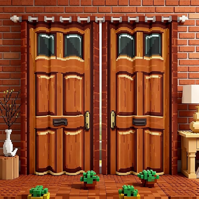 Castle Fairy Video Games Window Curtain,Miner Door Privacy Blackout Curtain for Window Brick Red Square Shade Windows Covering for Bedroom Video Games Theme Drapes 2 Panels,38Wx45L