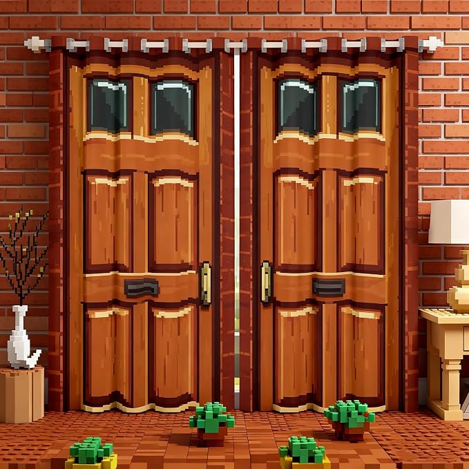 Castle Fairy Video Games Window Curtains,Miner Door Privacy Blackout Curtain for Window Brick Red Square Shade Windows Covering for Bedroom Video Games Theme Drapes 2 Panels,52Wx63L