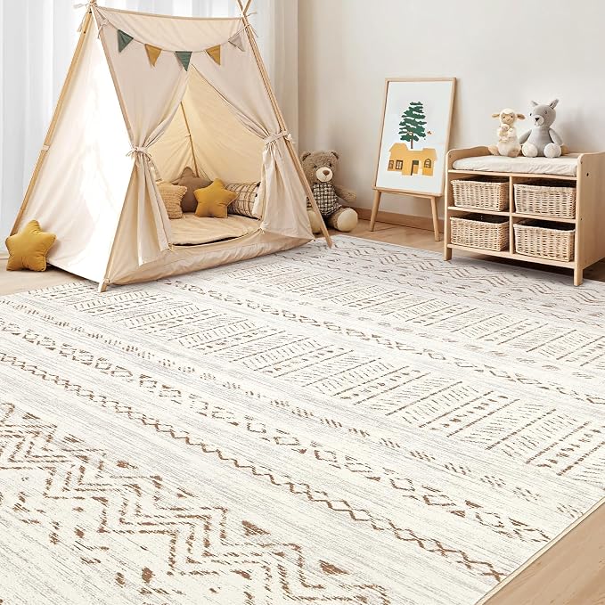 cotiled 7x9 Area Rugs Living Room Rug: Washable Boho Rugs with Non Slip Backing Large Soft Indoor Stain Resistant Carpet for Bedroom Farmhouse Dining Room Lightweight Home Decor Brown/Cream