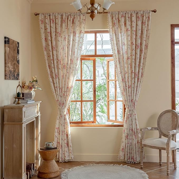 OYX Pink Floral Curtains 96 Inch Long 2 Panels, French Vintage Farmhouse Patterned Decor Window Drapes with Tassels, Light Filtering Semi-Sheer for Bedroom Living Room,Rod Pocket, 52W x 96L