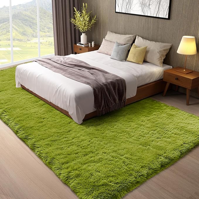 Ophanie Green Rugs for Living Room 5x8, Grass Shag Fluffy Large Fuzzy Plush Soft Carpets,Floor Shaggy Area Rugs for Bedroom, Carpet for Kids Boys Girls Dorm Nursery Decor with Over 99 pcs Pile fibers