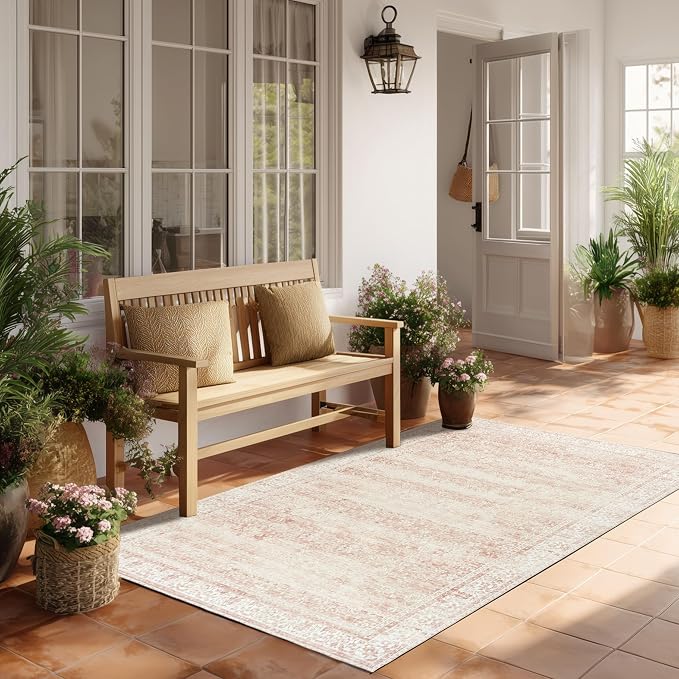 BILEEHOME Vintage Pink Rug 3x5 Washable Non Slip Floral Aesthetic Indoor Rugs for Entryway Kitchen Low Pile Carpet for Laundry Room Bathroom Front Door Mat for Entrance 3 x 5