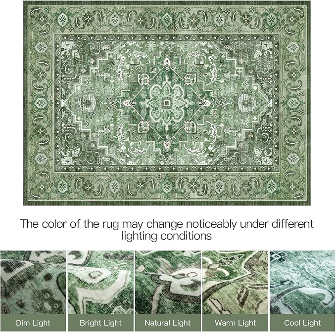 Lofus 8x10 Washable Rugs Non-Slip, Vintage Floral Area Rug for Living Room Bedroom Dining Room Kitchen, Low Pile Distress Print Medallion Carpet Home Decor Rug, Floral Sage Green