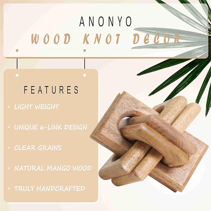 Boho Wooden Chain Links Decorative Object for Coffee Table & Shelf | Handmade Mango Wood Knot Sculpture Rustic Modern Arch Décor for Living Room, Entryway, Console, Office Home Accent (Natural)