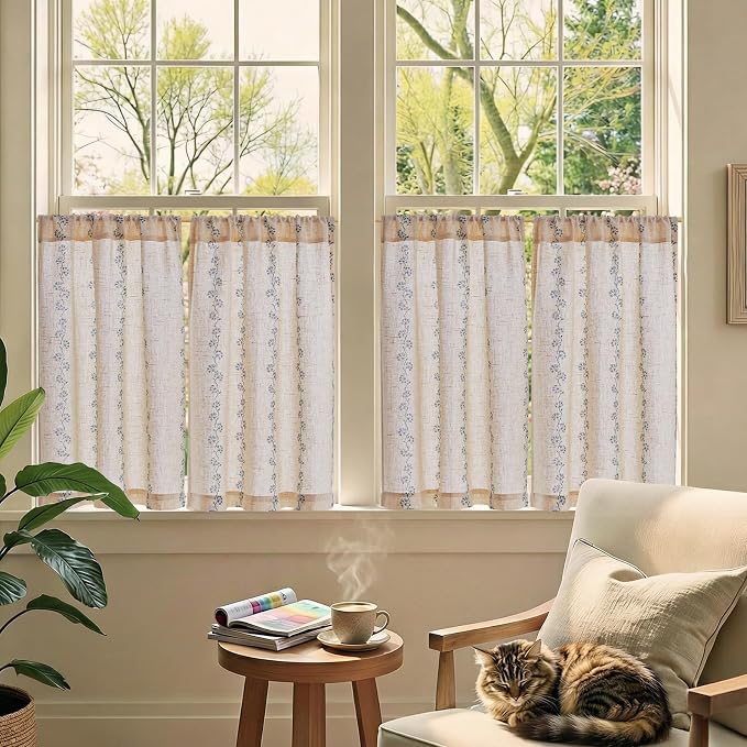 jinchan Katy Linen Floral Kitchen Curtains 30 Inches Length Stripe Cafe Curtains Farmhouse Cottagecore Tier Small Window Drapes for Living Room Light Filtering Rod Pocket 2 Panels Blue on Linen