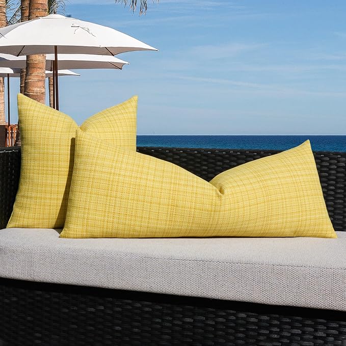 Kevin Textile Outdoor Waterproof Throw Pillow Covers 14x36 Inch Pack of 1 Woven Faux Linen Decorative Water Resistant Long Body Lumbar Cushion Covers for Tent Patio Garden Couch Sofa Yellow