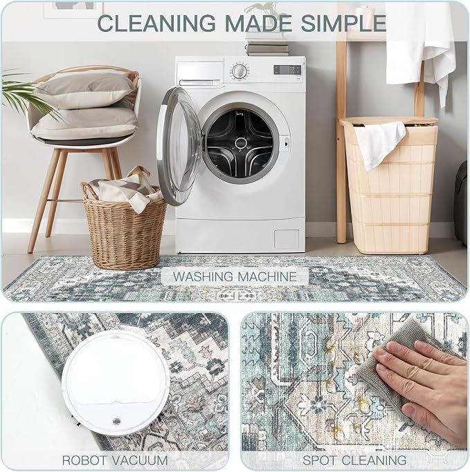 4x6 Vintage Washable Area Rug for Living Room,Low Pile Non Slip Carpet Non-Shedding Small Area Rug Soft Indoor Stain Resistant Rug Boho Print Mat for Bedroom Dining Room Blue Beige Multi