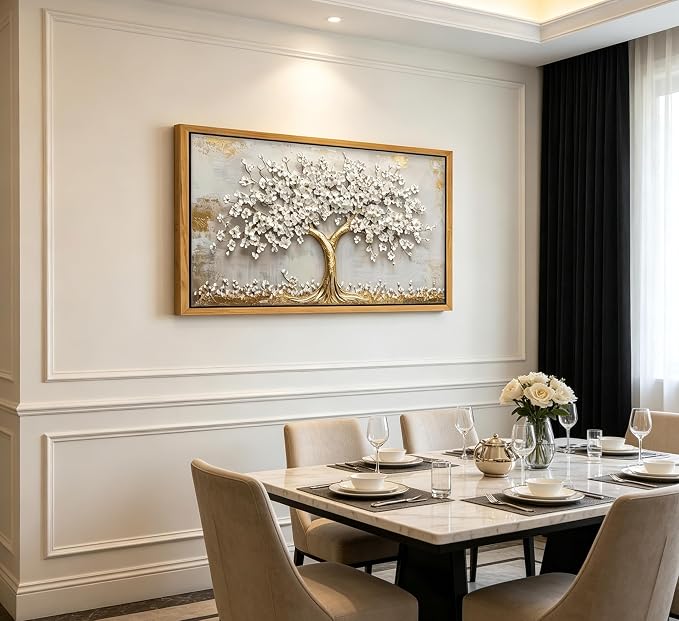 Framed 3D Texture Large Tree of Life Canvas Wall Art Gold and White Flower Big Tree Painting Picture Wall Decor Botanical Floral Poster Print Artwork for Living Room Dining Bedroom